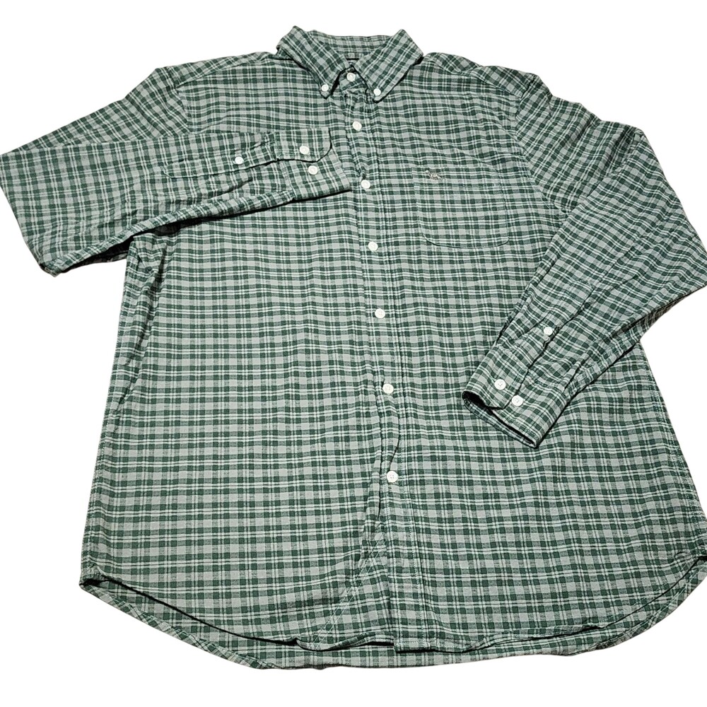 Over Under Shirt Mens XL Green Plaid Stretch Button Down Dog Logo Casual